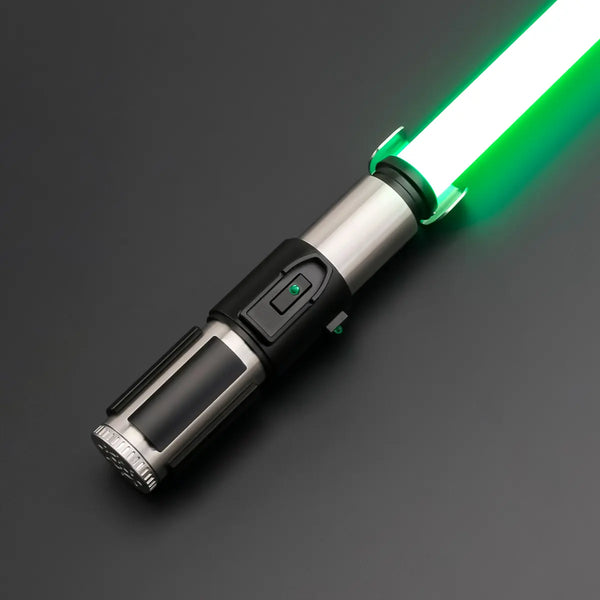 Yoda Lightsaber with green blade illuminated against dark background