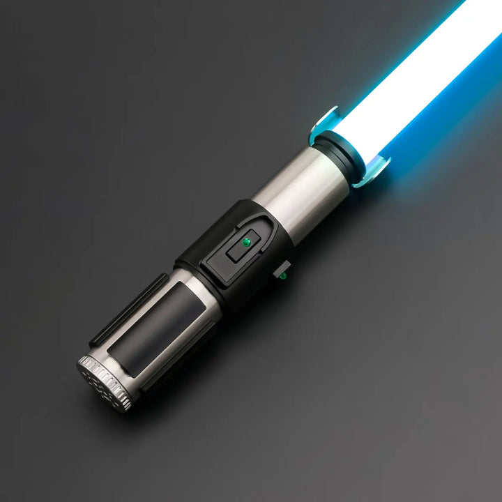 Yoda Lightsaber with blue blade illuminated against dark background