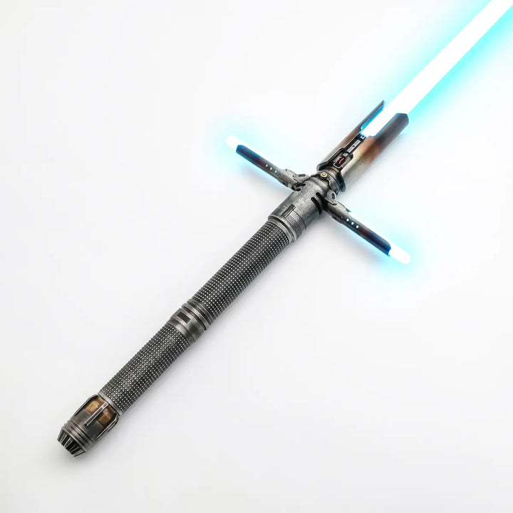 cal kestis crossguard light saber with a metallic handle on a white background